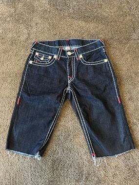 True Religion Dark Indigo Cut-Off Shorts with White Stitching
